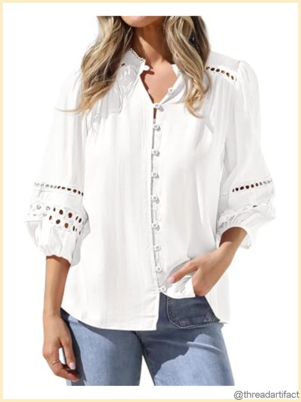 BTFBM Women 3/4 Sleeve Eyelet Button Down Tunic Top Loose Fit